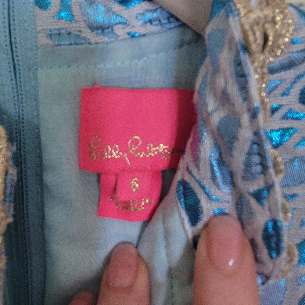 Lilly Pulitzer Mini Franci Dress Bermuda Blue Mettalic Jacquard Size 6 - Picture 3 of 7